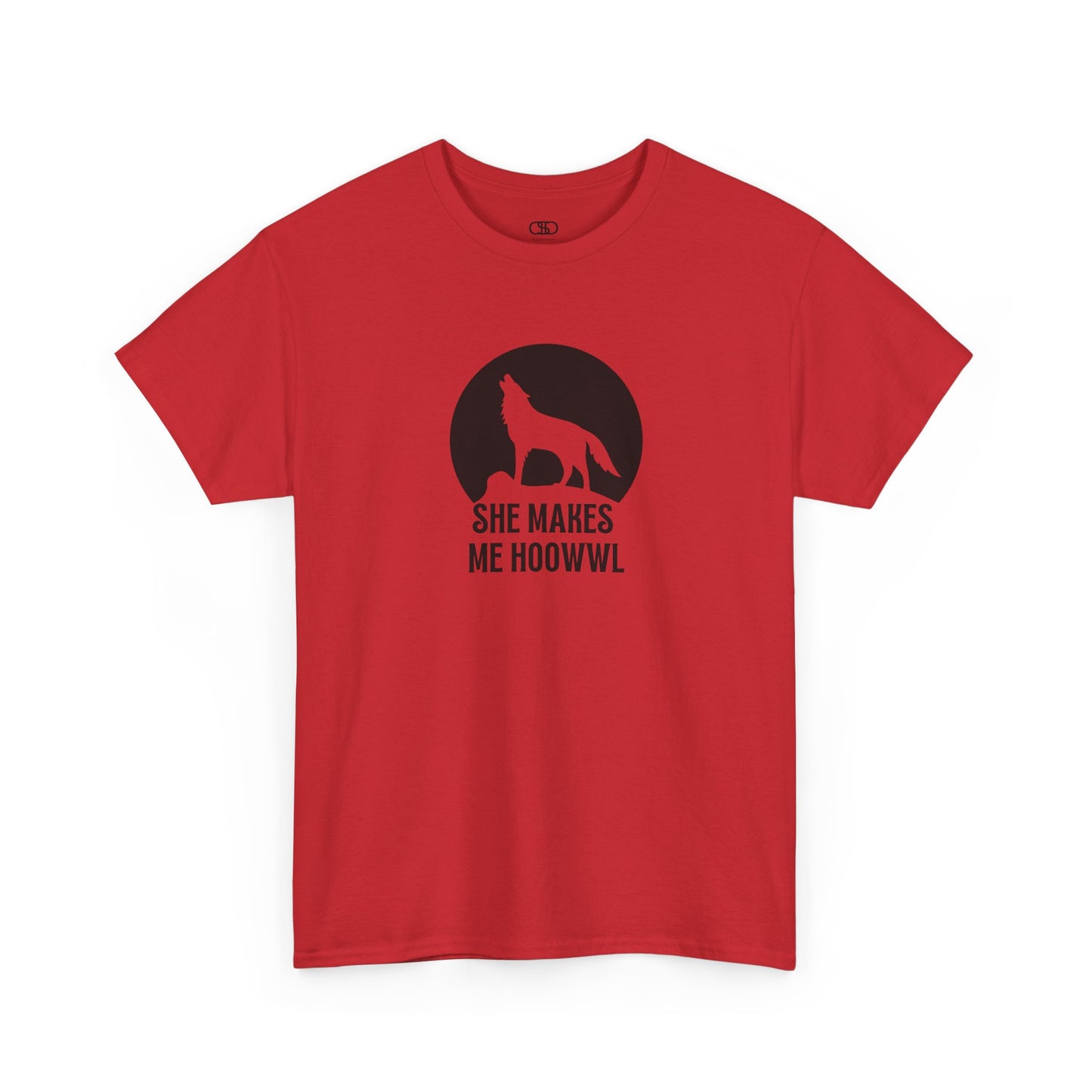 A red T-shirt with a wolf silhouette howling at the moon on a cliff, and "She makes me HOOWWL" text.