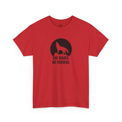 A red T-shirt with a wolf silhouette howling at the moon on a cliff, and "She makes me HOOWWL" text.
