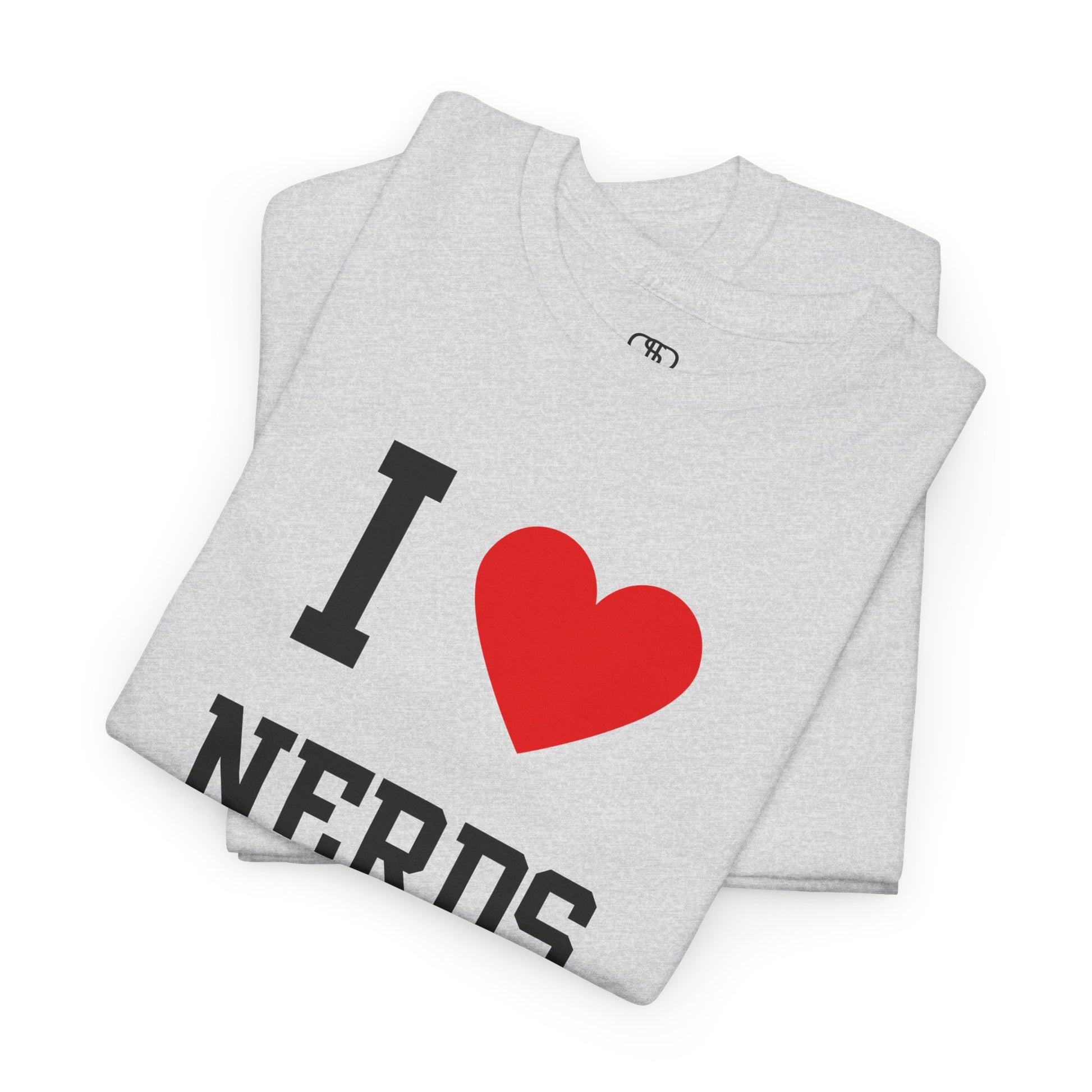 A folded Gray sweatshirt with 'I ❤️ NERDS' text on a white background