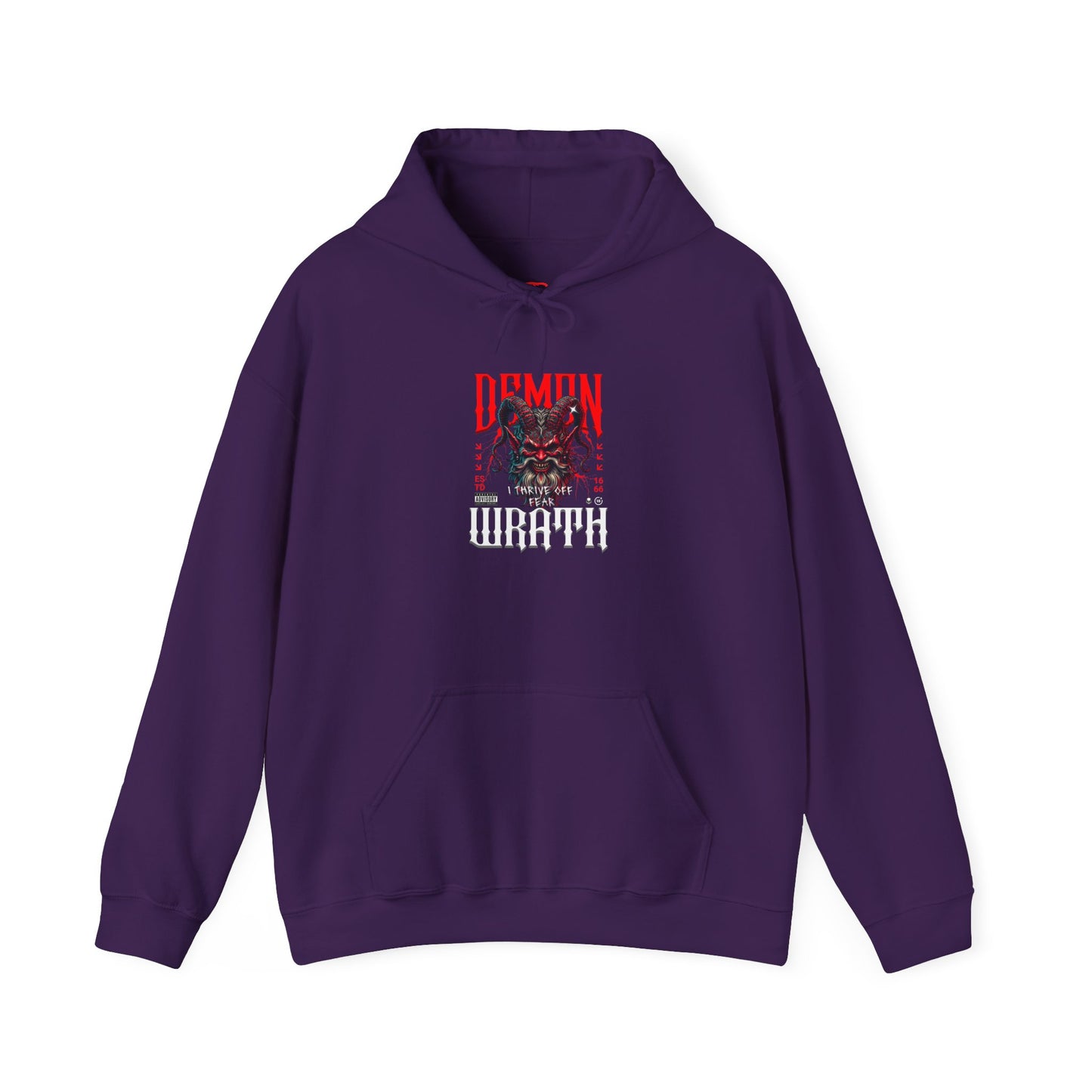A purple hoodie featuring a Red horned demon head with "Demon Wrath" text and lightning, gothic horror apparel design.