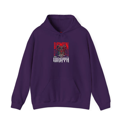 A purple hoodie featuring a Red horned demon head with "Demon Wrath" text and lightning, gothic horror apparel design.