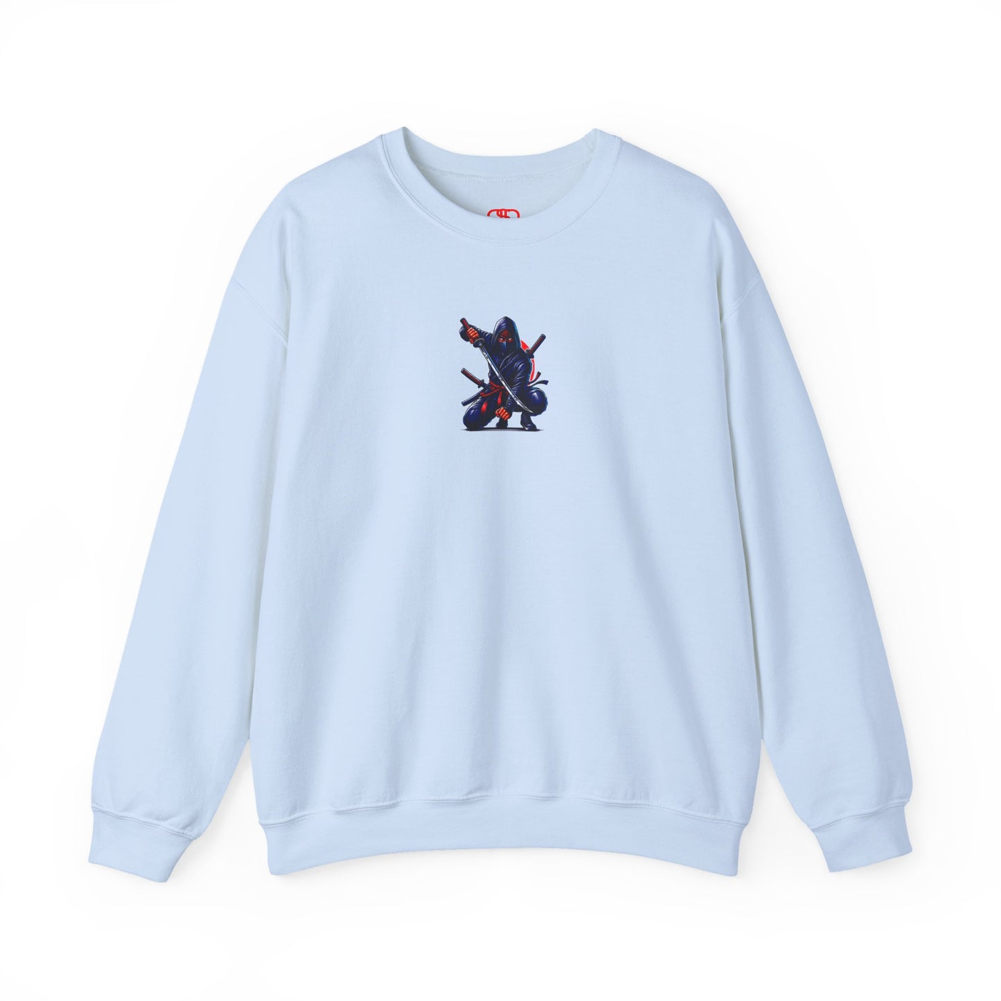 A light blue sweatshirt featuring a Crouching ninja with two katanas and "Bushido" text, red and black Japanese-inspired sweatshirt design.