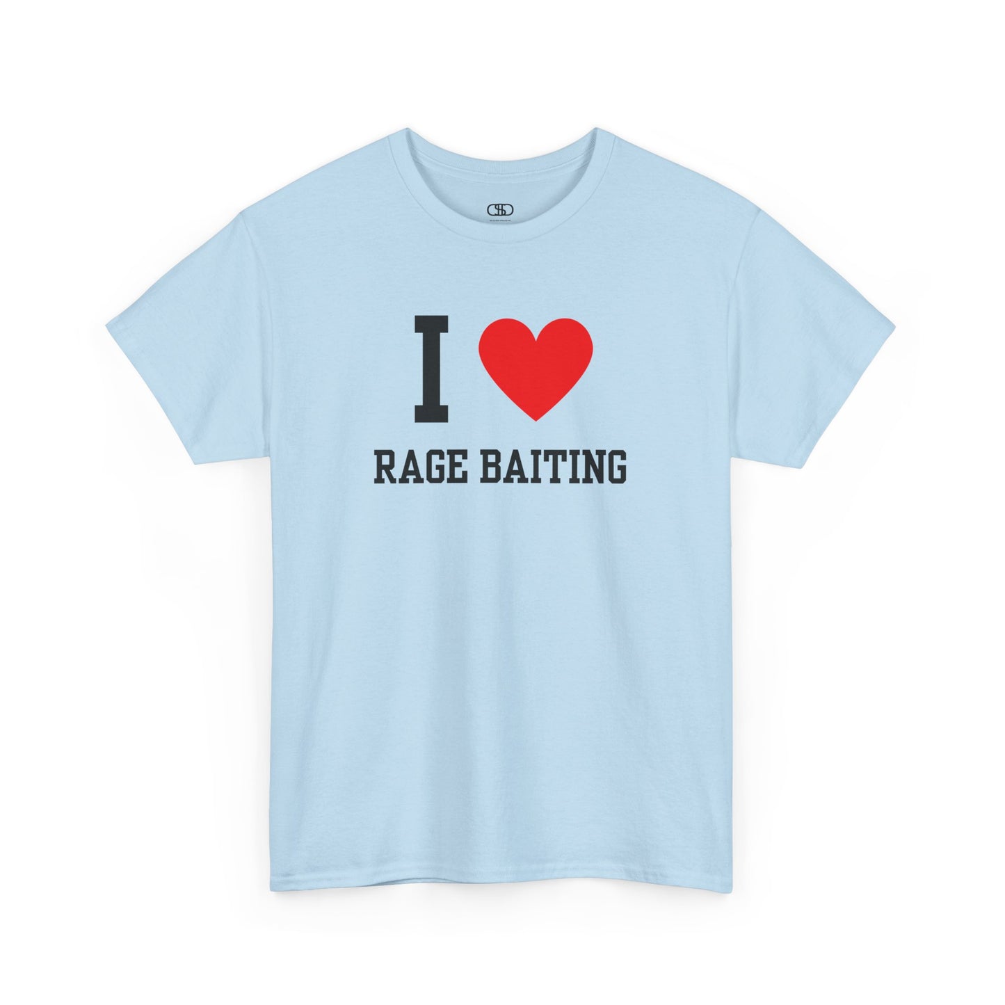A light blue t-shirt featuring the classic "I Love" graphic style with the text "I," a red heart, and the words "Rage Baiting" below it.