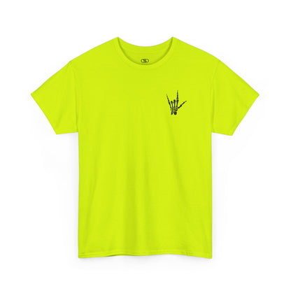 A safety green t-shirt with small rock hand symbol on front, and "Rules.. Never Heard of Them" graffiti text on the back.
