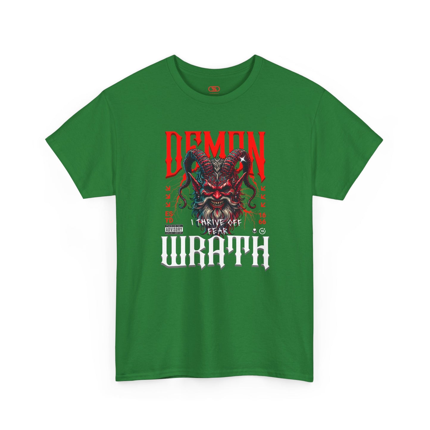 A turf green t-shirt featuring a Red horned demon head with "Demon Wrath" text and lightning, gothic horror t-shirt design