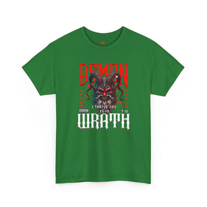 A turf green t-shirt featuring a Red horned demon head with "Demon Wrath" text and lightning, gothic horror t-shirt design