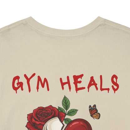 "Gym Heals" Broken Red Heart Skull Rose Tee