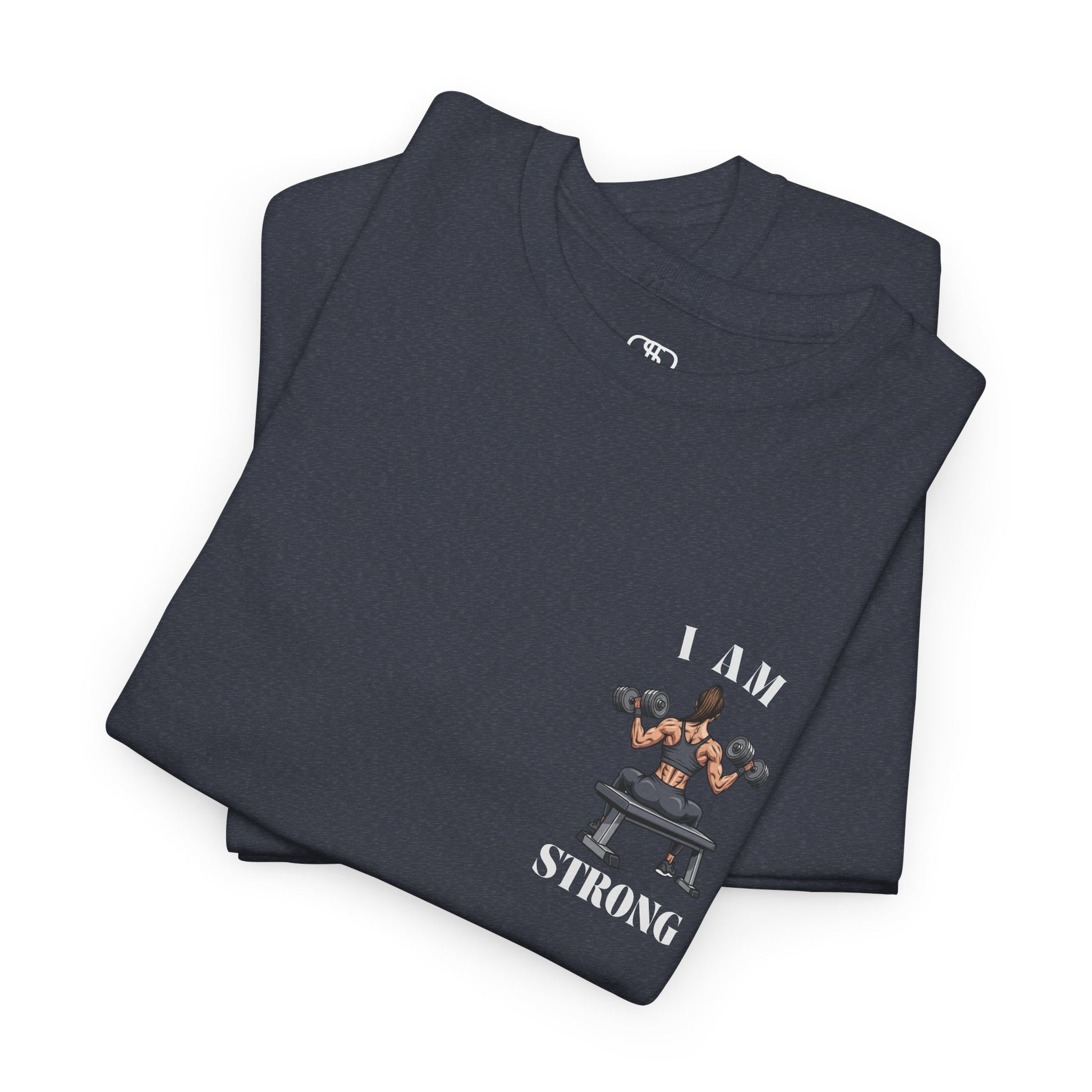 A folded heather navy t-shirt with a woman lifting weights on the front with "I am strong" and a larger design on the back stating “Strong is beautiful.”