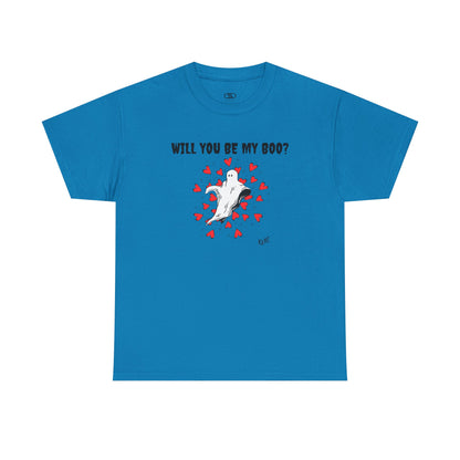  A t-shirt featuring a cute floating ghost surrounded by bursting hearts. At the top of the design, the text reads, "Will You Be my Boo?"