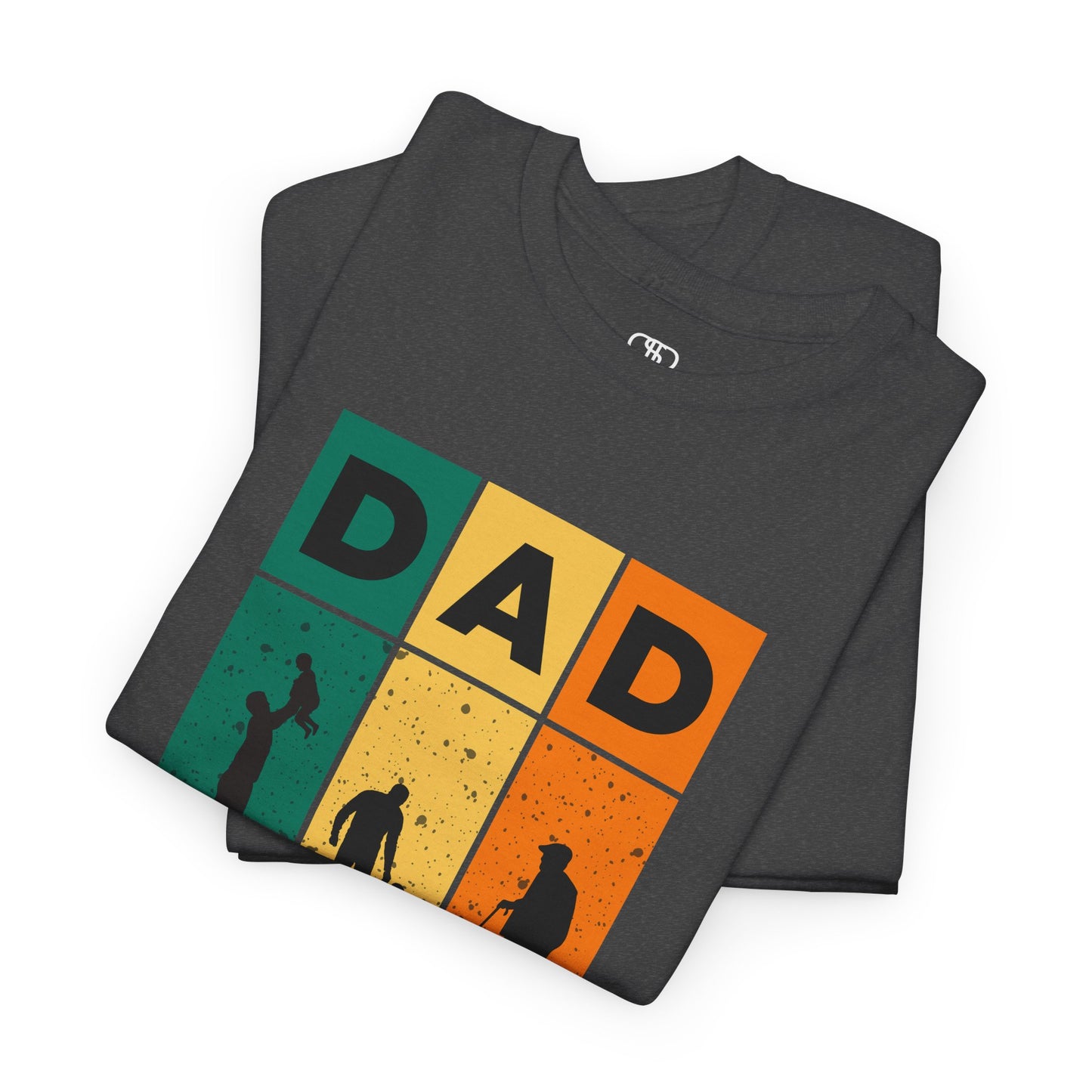 A folded heather navy T-shirt with "DAD" letters, each letter showing a different stage of a father's life (lifting child, walking with child, old age).