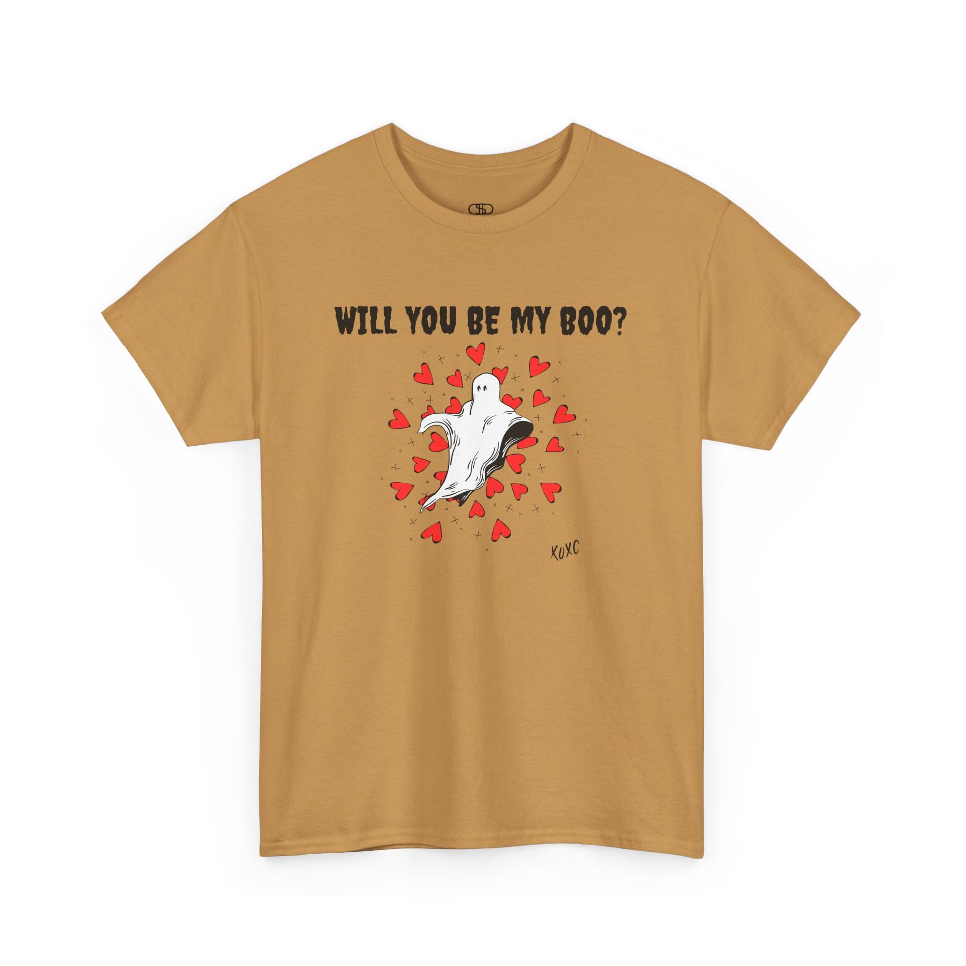  A t-shirt featuring a cute floating ghost surrounded by bursting hearts. At the top of the design, the text reads, "Will You Be my Boo?"