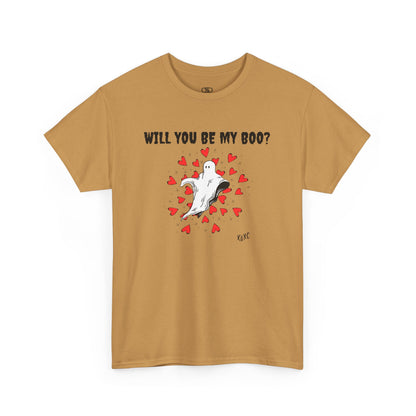  A t-shirt featuring a cute floating ghost surrounded by bursting hearts. At the top of the design, the text reads, "Will You Be my Boo?"