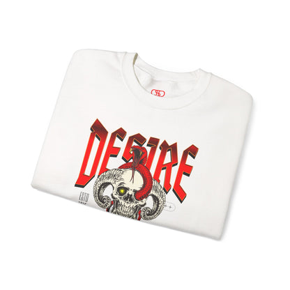 A folded white sweatshirt Horned skull with glowing eye and red snake wrapped around it, "Desire Death's Touch" text, gothic sweatshirt design.