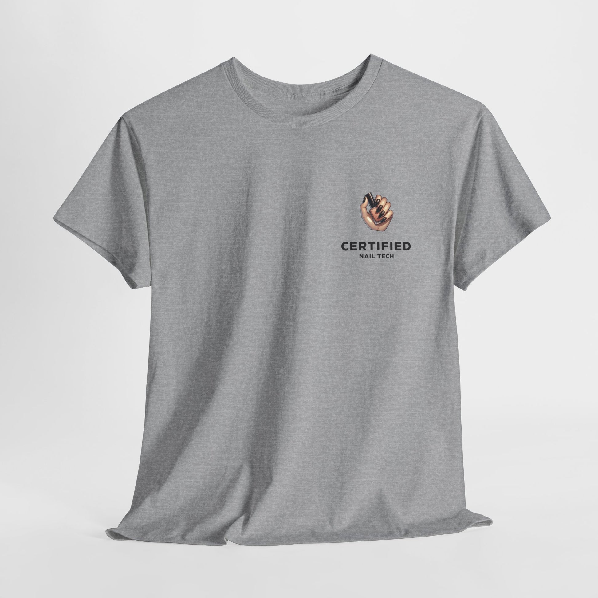 A gray t-shirt with a hand graphic design holding nail polish with polished nails followed by the words Certified Nail Tech beneath it.