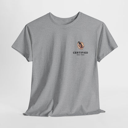 A gray t-shirt with a hand graphic design holding nail polish with polished nails followed by the words Certified Nail Tech beneath it.