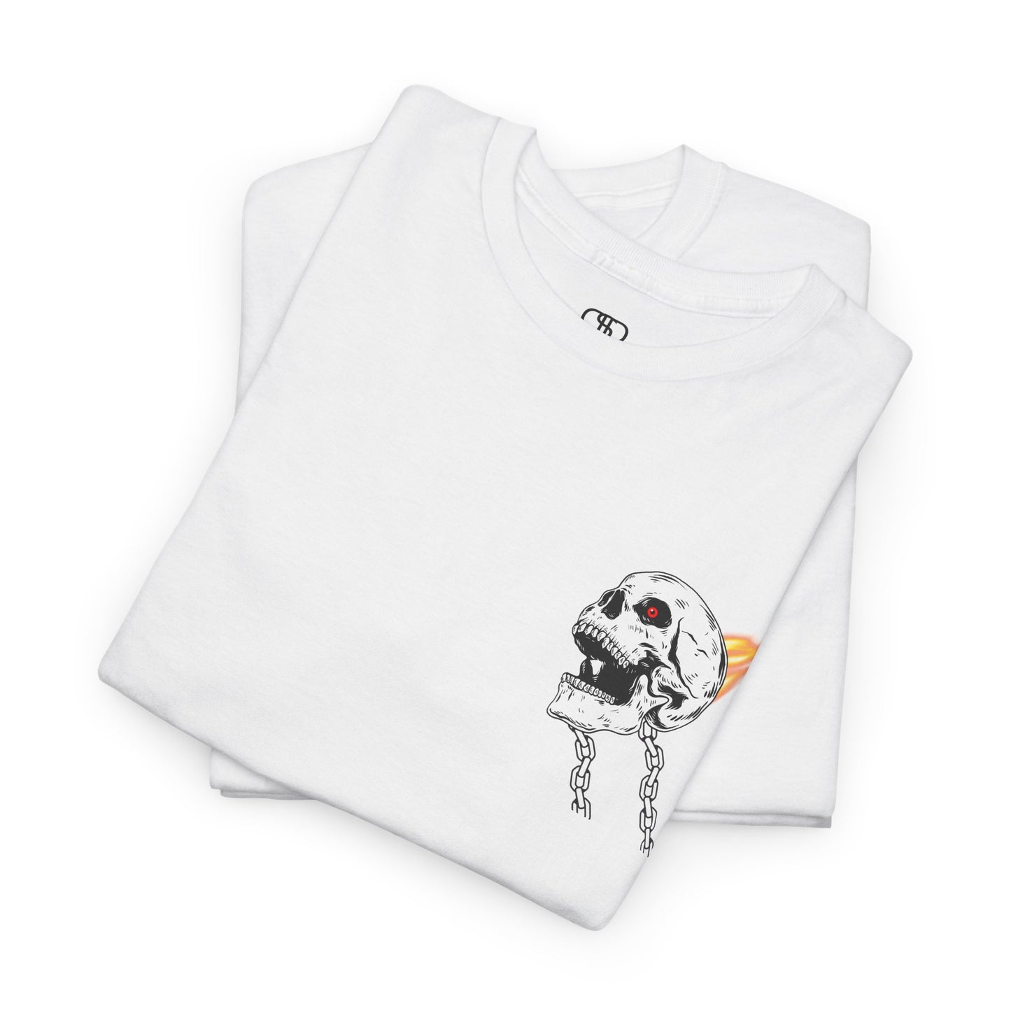 A folded white T-shirt with a daring skeleton graphic, red glowing eye, chains forming wings, and a flame background