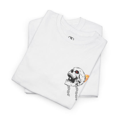A folded white T-shirt with a daring skeleton graphic, red glowing eye, chains forming wings, and a flame background