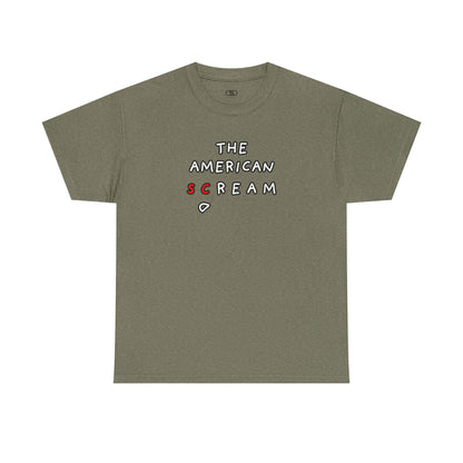  A t-shirt with the phrase "The American Scream..." where the letters 'Sc' are in red and the letter 'D' is depicted as falling or collapsing, symbolizing the American Dream turning into a scream.
