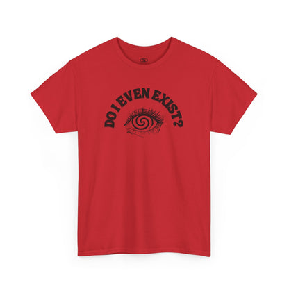 Red T-shirt with an eyeball and a mind-bending optical illusion and the text "Do I even exist?"