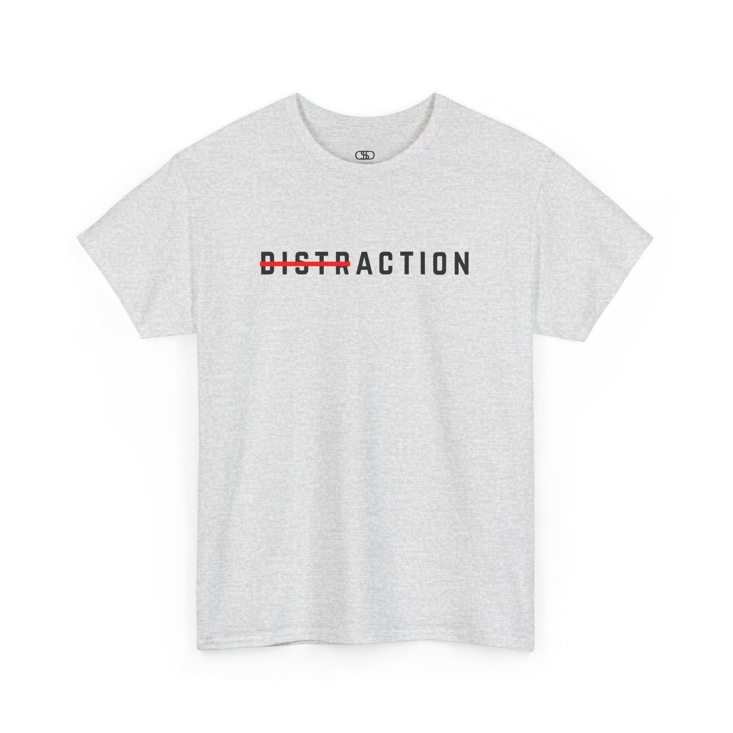 A minimalist t-shirt featuring the word "Distraction" with the 'Dist' part crossed out, emphasizing the word 'Action' in a bold font. Ash T-Shirt.

