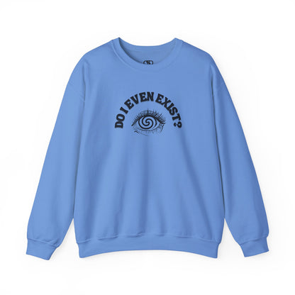 A sweatshirt with a graphic print of a detailed, realistic eye that contains an optical illusion of a spiral. The text "Do I even Exist?" is printed above the eye in a clean font.