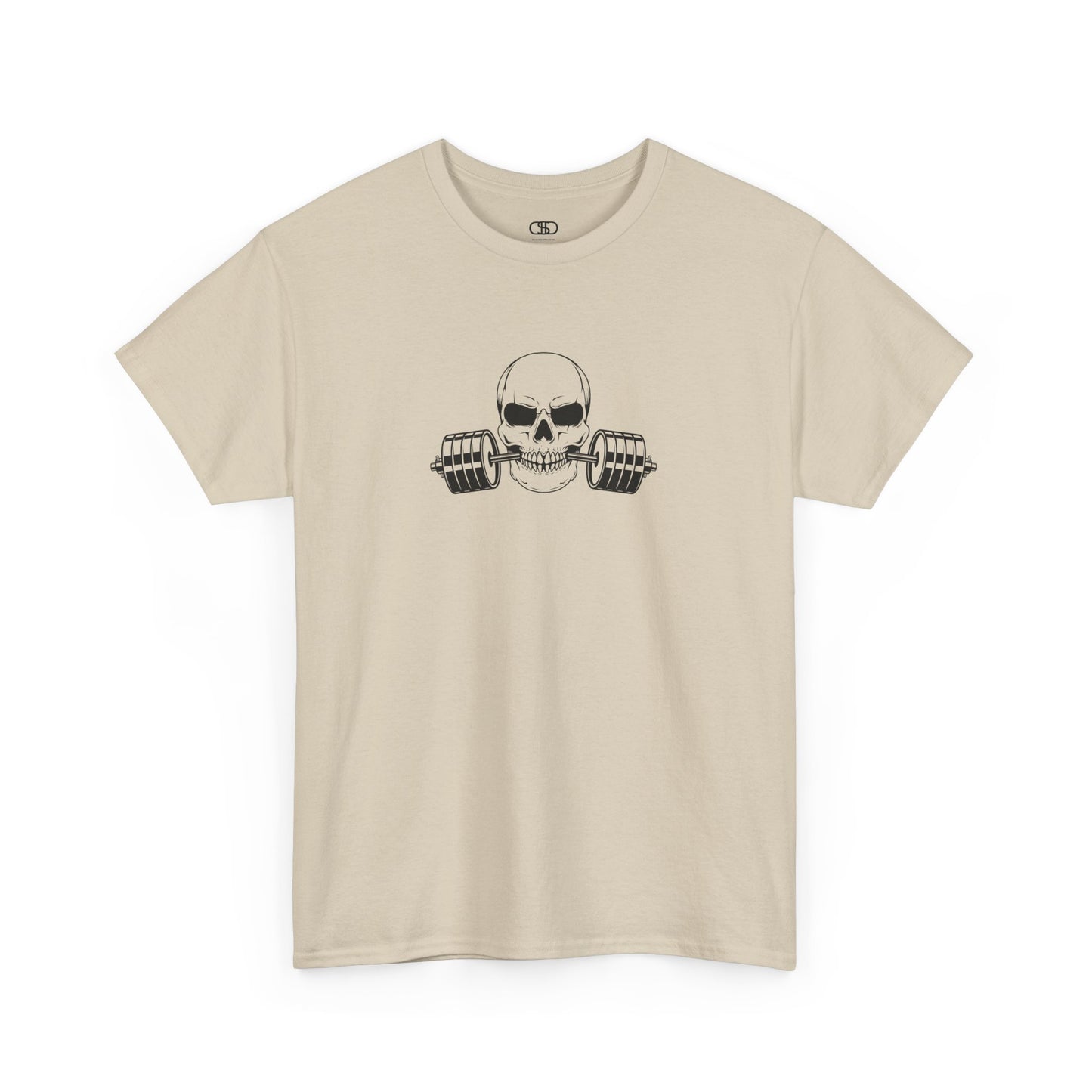 A sand t-shirt with a skull and barbell graphic on a white background