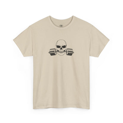 A sand t-shirt with a skull and barbell graphic on a white background