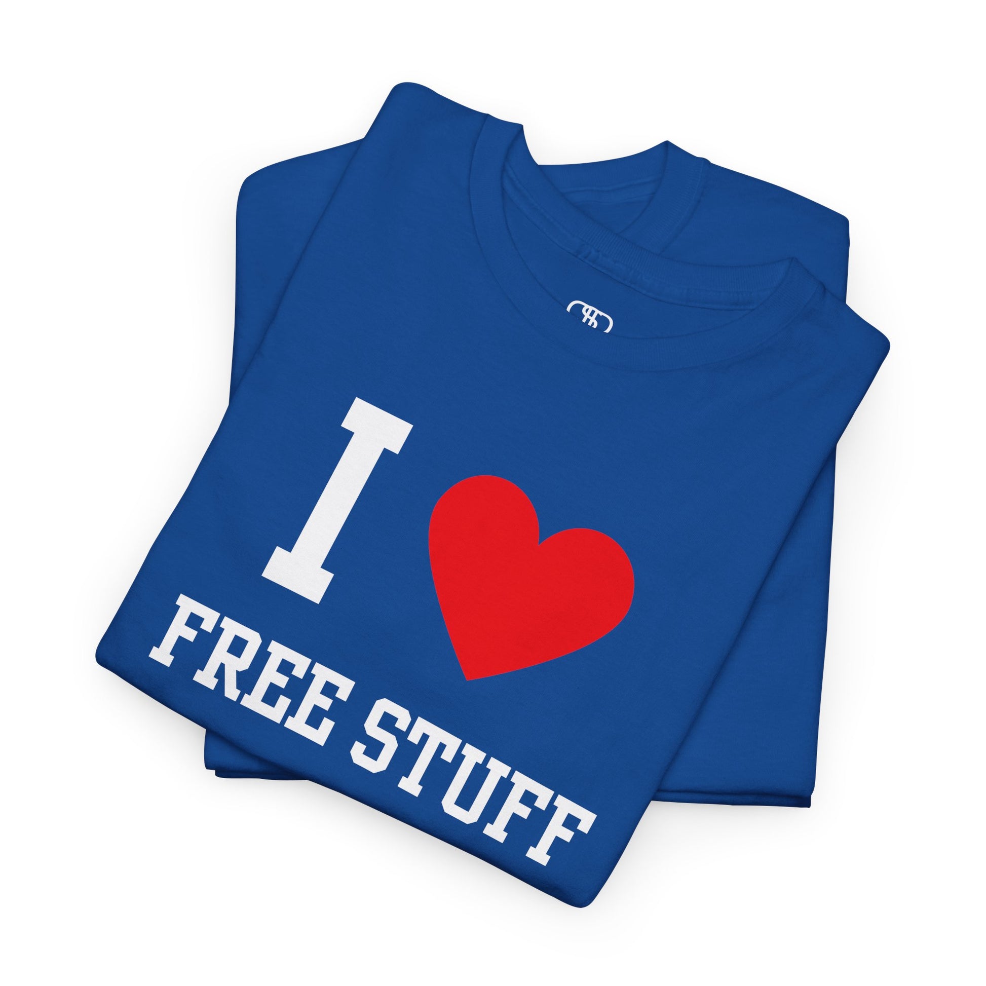 A funny folded royal blue t-shirt with the iconic "I Love" design, featuring the text "I," a red heart, and the phrase "Free Stuff" below.