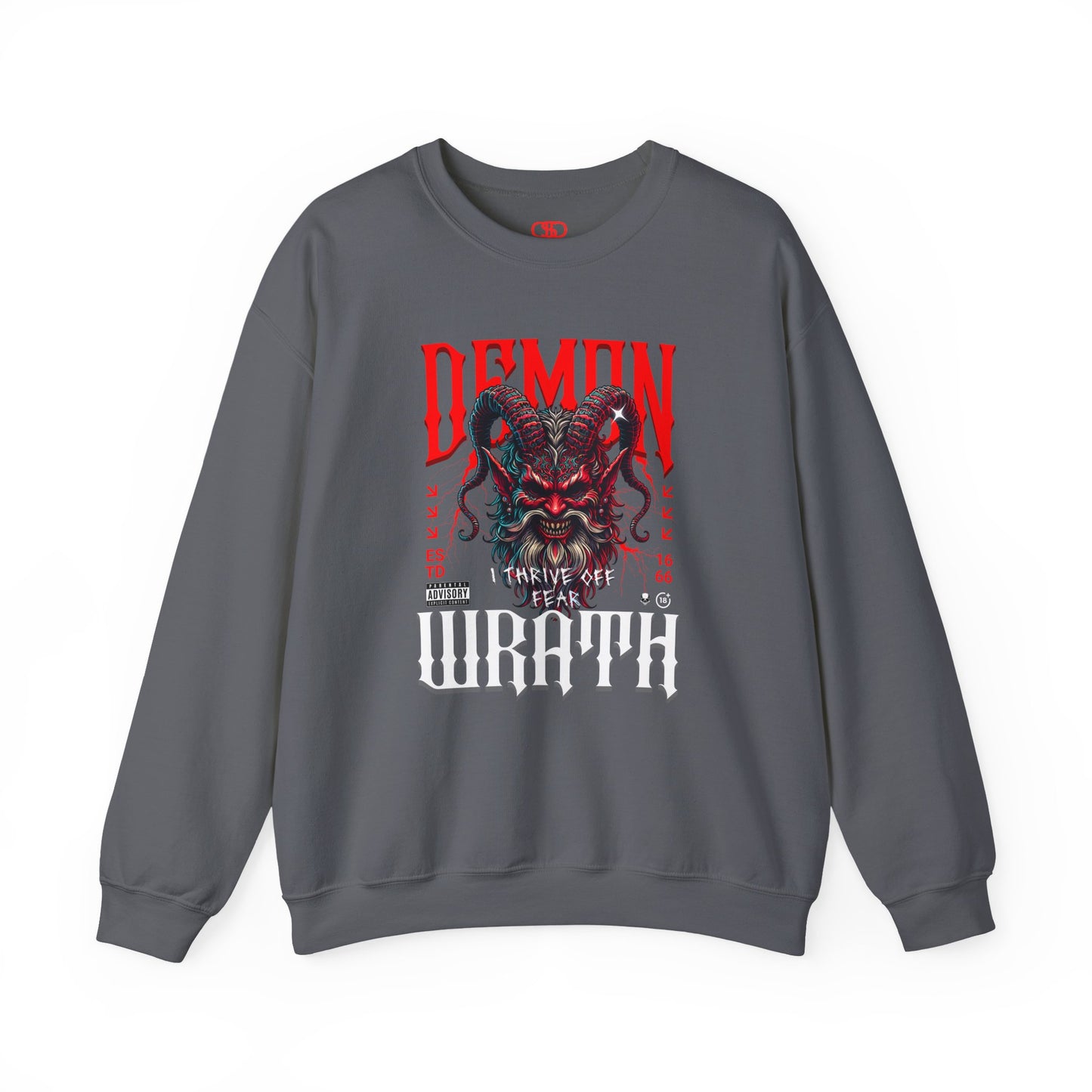 A charcoal sweater featuring a Red horned demon head with "Demon Wrath" text and lightning, gothic horror apparel design.