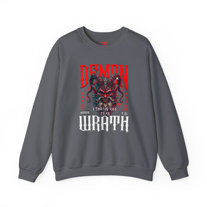 A charcoal sweater featuring a Red horned demon head with "Demon Wrath" text and lightning, gothic horror apparel design.