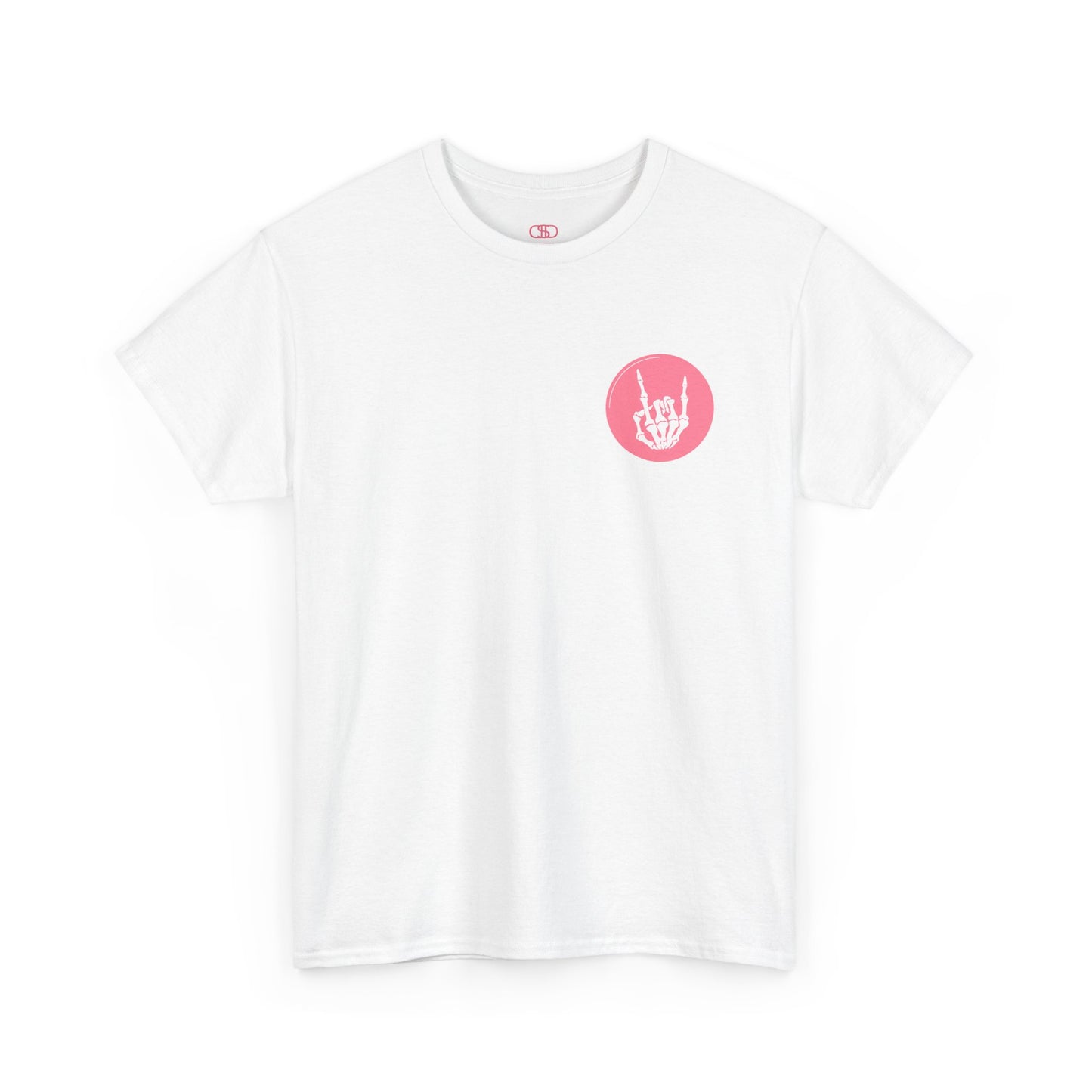 A white t-shirt with a skeletal hand in a bubble on the front and the phrase “Sorry you’re intimidated by my resting Bitch ace I’m actually a fucking delight” on the back.