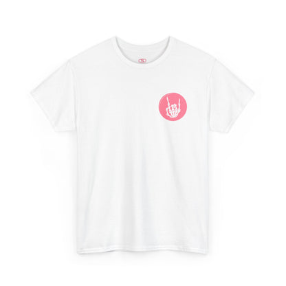 A white t-shirt with a skeletal hand in a bubble on the front and the phrase “Sorry you’re intimidated by my resting Bitch ace I’m actually a fucking delight” on the back.