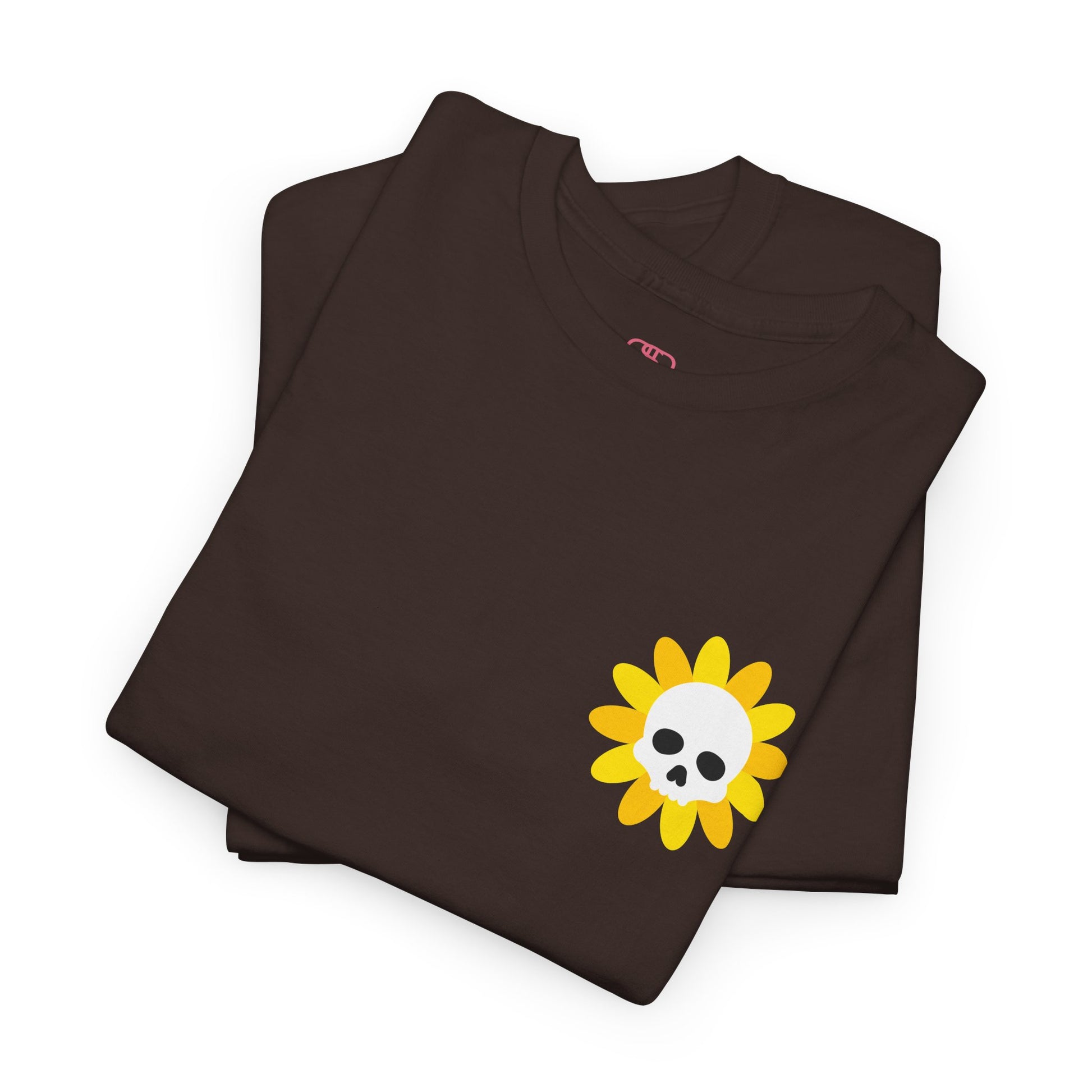 A [folded dark brown] t-shirt featuring a sunflower with a skull at its center on the front and the words “i COULD DEADLIFT YOU” in a retro font on the back.