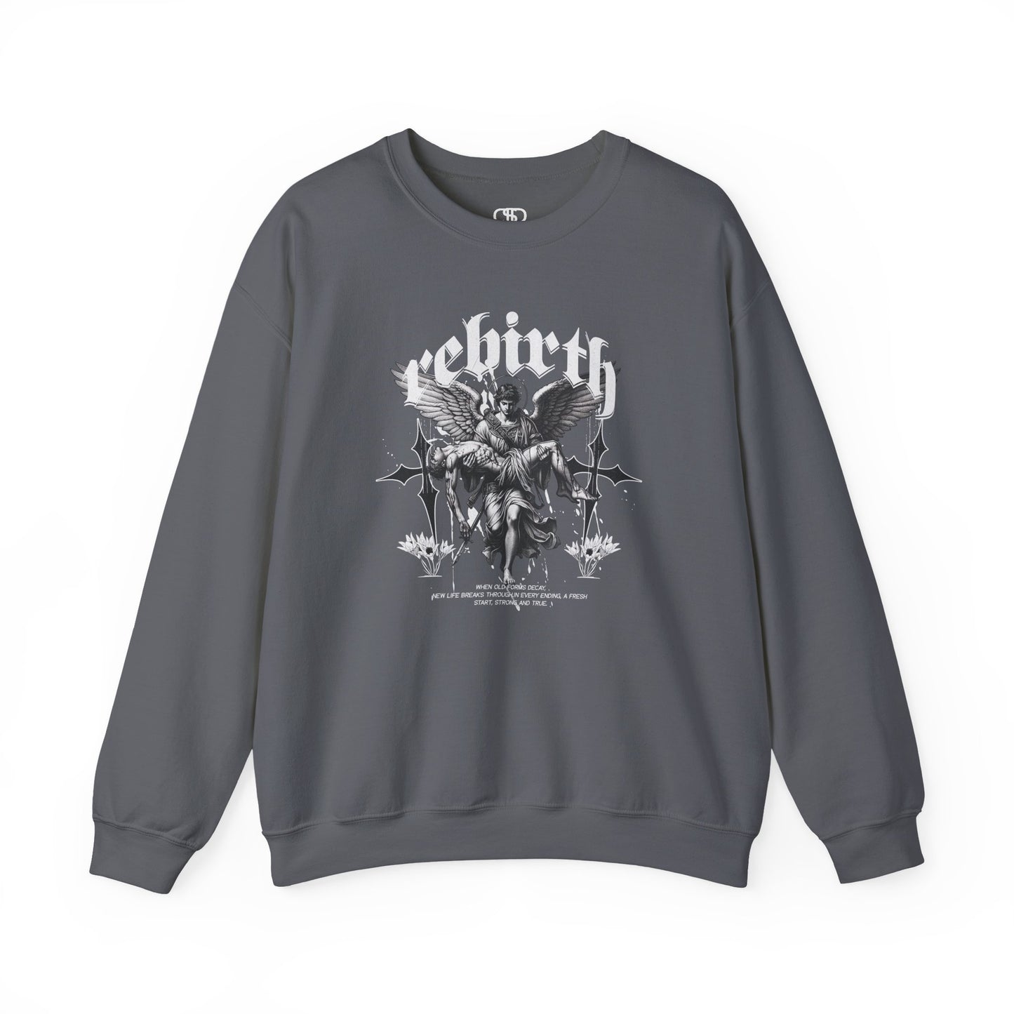 A charcoal Sweater featuring an Angel carrying a figure with "Rebirth" text, white and black gothic spiritual art apparel.