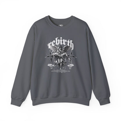 A charcoal Sweater featuring an Angel carrying a figure with "Rebirth" text, white and black gothic spiritual art apparel.