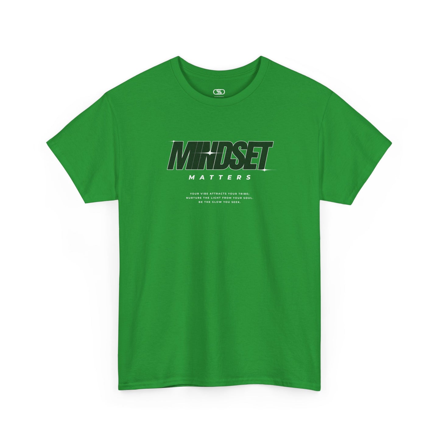 A turf green T-shirt featuring text stating "Mindset Matters" text with stars on a t-shirt, inspirational quote below.