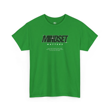 A turf green T-shirt featuring text stating "Mindset Matters" text with stars on a t-shirt, inspirational quote below.