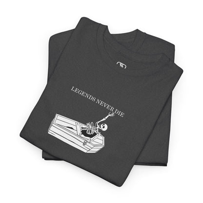 A folded heather gray T-shirt with a skeleton breaking free from a casket, reaching up towards "Legends Never Die" text.
