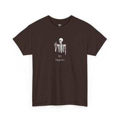 A dark brown  T-shirt with a skeleton holding a drink graphic and "No Hangovers" text.