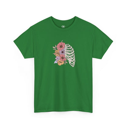 T-shirt with a lung graphic, half skeletal ribcage, half flowers.
