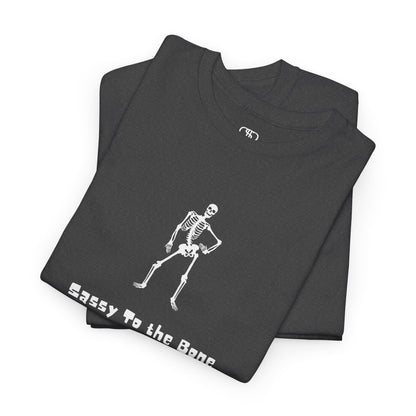 Folded Heather Gray T-shirt with a sassy skeleton graphic with hands on hips and "Sassy to the Bone" text in a cartoon font.