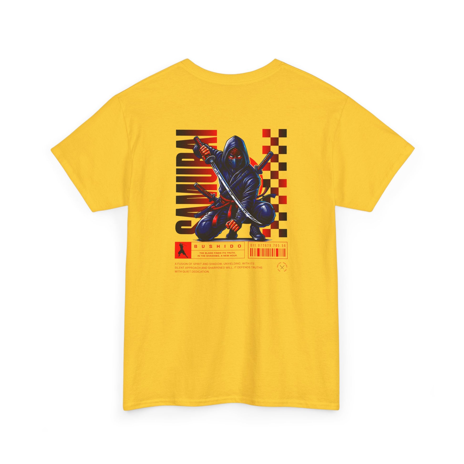 A daisy yellow t-shirt featuring a Crouching ninja with two katanas and "Bushido" text, red and black Japanese-inspired t-shirt design.