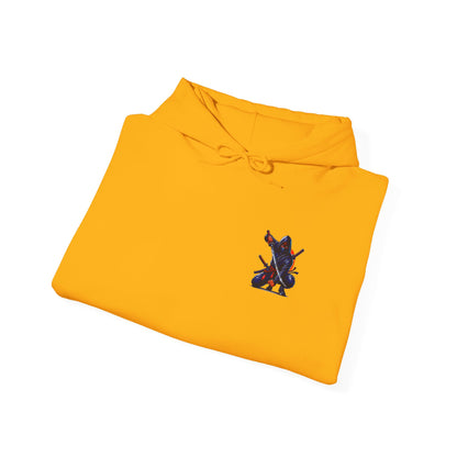 A folded daisy yellow hoodie featuring a Crouching ninja with two katanas and "Bushido" text, red and black Japanese-inspired hoodie design.