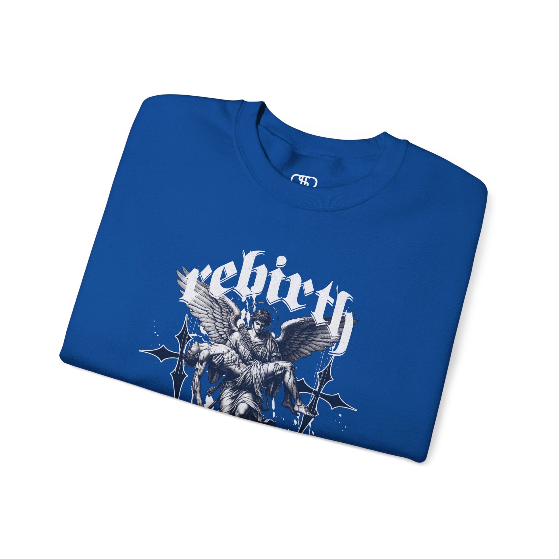 A folded Royal Blue Sweater featuring an Angel carrying a figure with "Rebirth" text, white and black gothic spiritual art apparel.