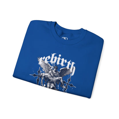A folded Royal Blue Sweater featuring an Angel carrying a figure with "Rebirth" text, white and black gothic spiritual art apparel.