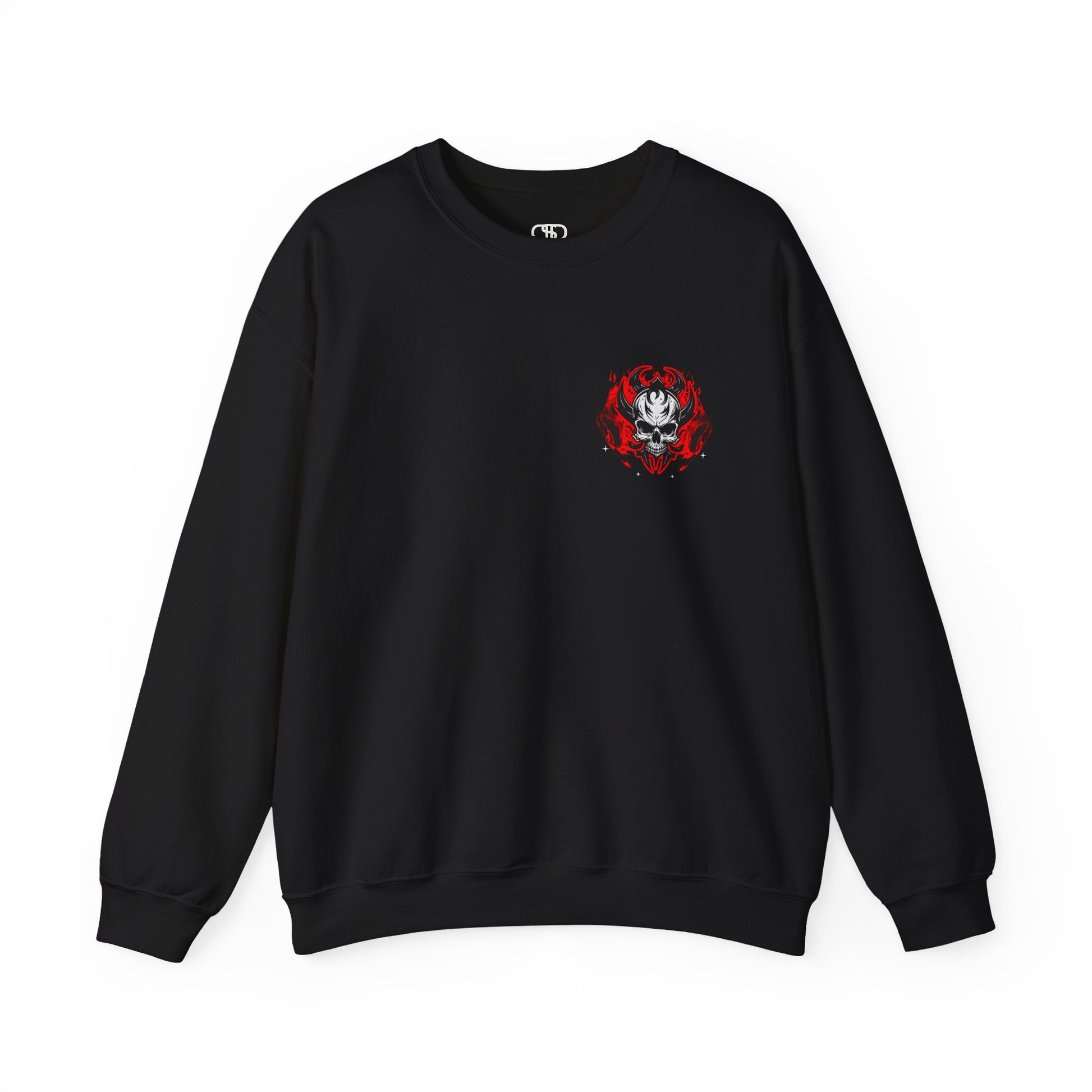 A Black Sweater with a gothic skull design, red ghostly aura, and "Ego Death" text for spiritual rebirth.
