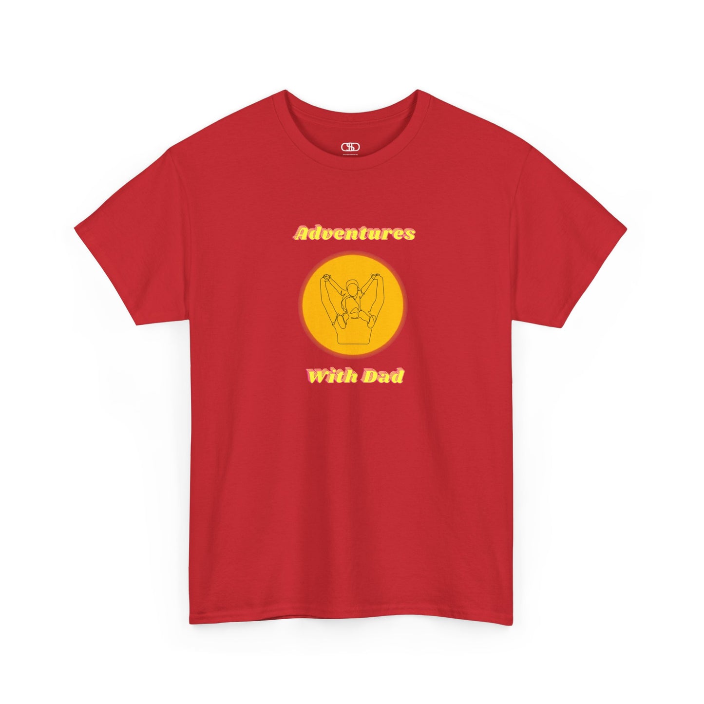 A red T-shirt with a graphic of a dad holding a child's hands on their shoulders and "Adventures With Dad" text.