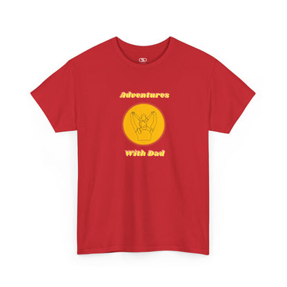 A red T-shirt with a graphic of a dad holding a child's hands on their shoulders and "Adventures With Dad" text.