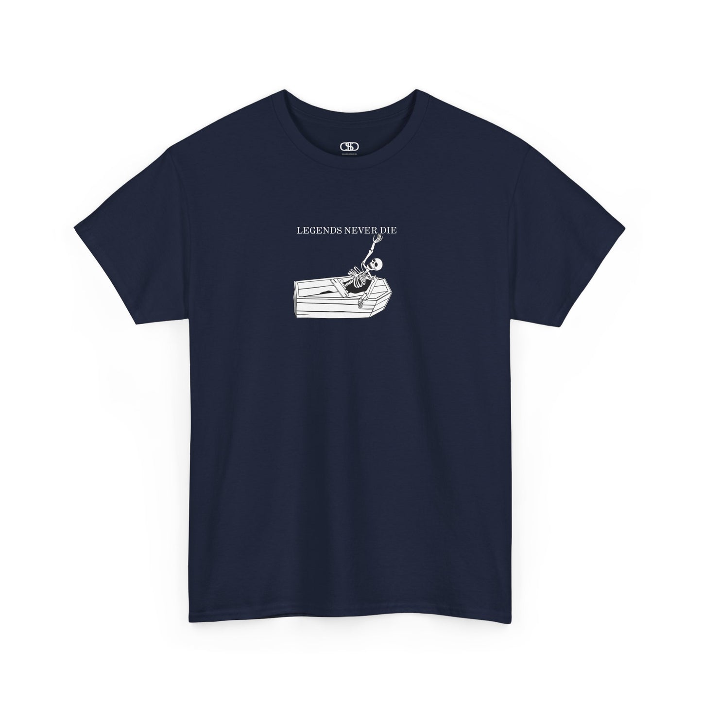 A navy T-shirt with a skeleton breaking free from a casket, reaching up towards "Legends Never Die" text.
