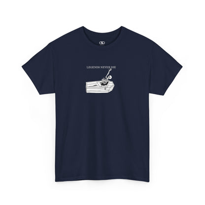 A navy T-shirt with a skeleton breaking free from a casket, reaching up towards "Legends Never Die" text.
